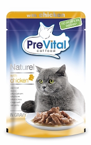 НОВИНКА!Prevital Naturel. Полноценный консервированый корм для взрослых кошек. Кусочки с курицей в соусе (85г).
